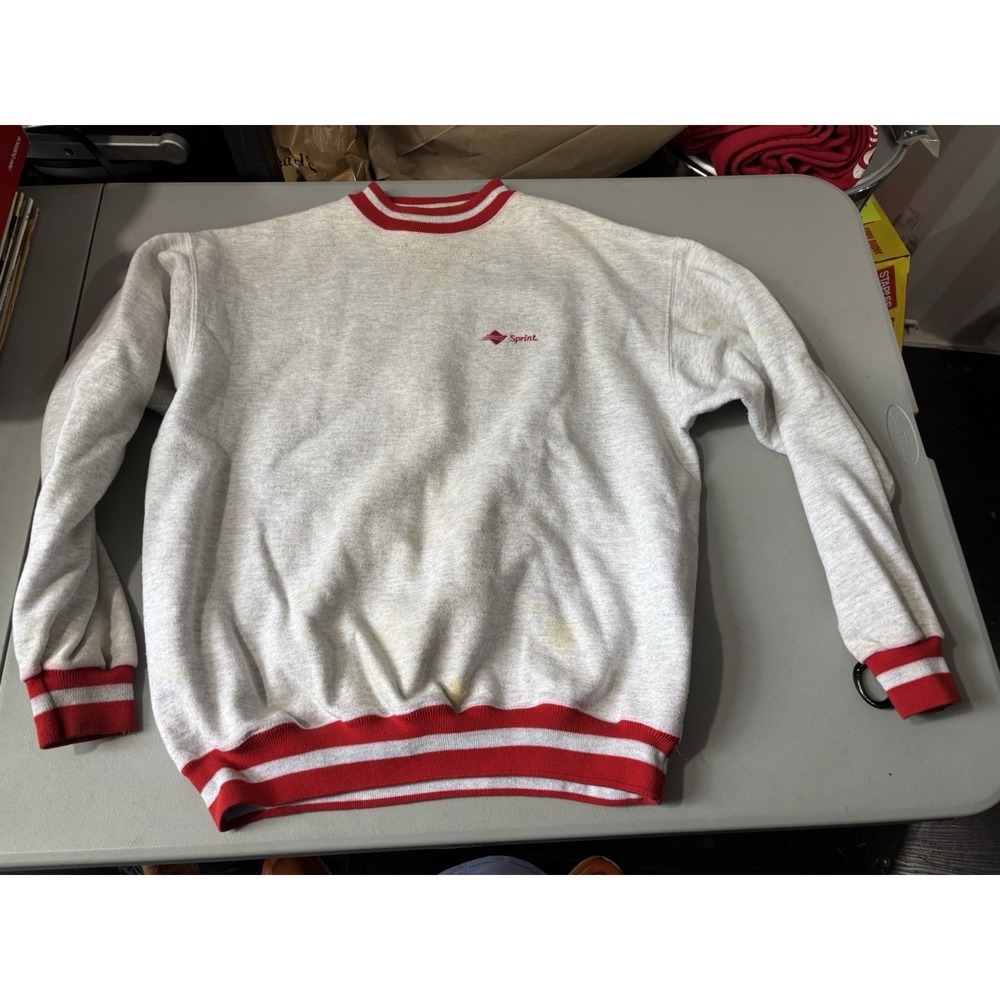 Vtg Sprint Sweater Gray With Red Stripes Lg